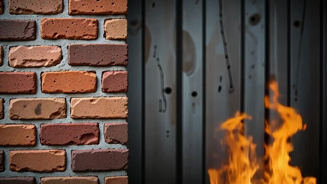 Brick wall and flames contrasting in urban environment  