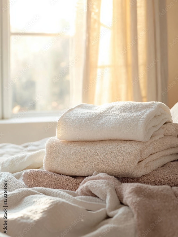 Poster Freshly washed towels and bed linens create a cozy atmosphere in a clean bedroom filled with warm light Generative AI