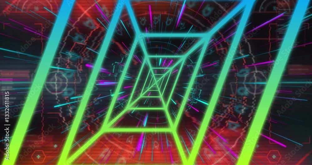 Poster in animation, vibrant colors and digital patterns creating depth in neon tunnel