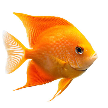 An isolated orange-gold aquarium fish is swimming against a white background