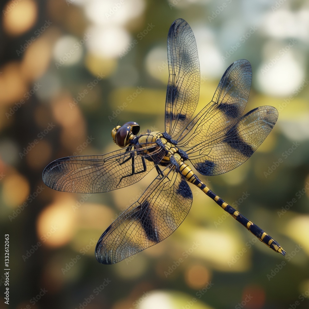Poster dragonfly in mid-flight showcasing vibrant colors and intricate wing patterns in a natural setting d