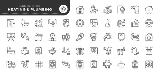 Heating and plumbing line icon set. Plumber, pipe, boiler, tap, meter, toilet, heated floor, gas wrench and more. Outline vector icon in linear style. Pictogram collection.	