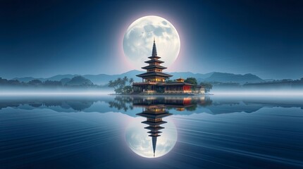 Obraz premium Serene Pagoda Lake Moon Night Scene Peaceful Asian Temple Reflection