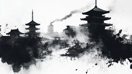 Japanese architectural landscape with pagodas in an ink wash monochrome illustration