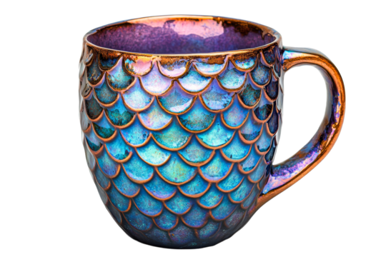 Ceramic mug with fish scale pattern in blue and gold, cut out transparent