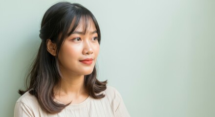 Fototapeta premium Young asian female against light background with thoughtful expression