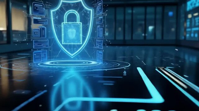 high-tech security hologram, digital assurance, data reliability, blue neon cyber shield, futuristic verification, AI-driven compliance, tech safety
