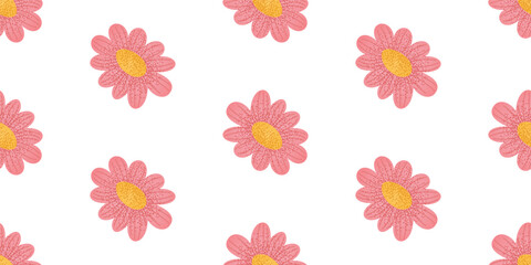 Seamless pattern with pink daisy flowers on a white background. Floral template for textile, wallpaper, wrapping paper, and print.