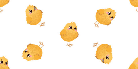 Seamless pattern with cute yellow chicks on a white background. Template illustration for textile, wallpaper, wrapping paper, and print.