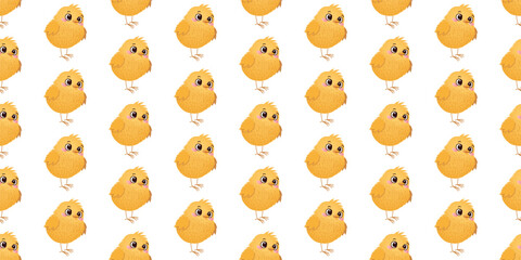 A seamless pattern of uniformly arranged yellow baby chicks on a white background. Template illustration for textile, wallpaper, wrapping paper, and print.