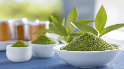 Green powder in bowls with leaves, representing eco friendly dyes