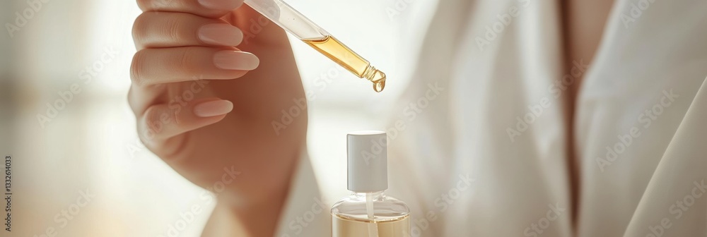 Poster precision skincare routine featuring a hand applying serum with a pipette in a clean, neutral-toned 