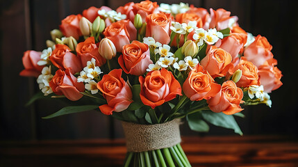 Vibrant bouquet of peachy-orange roses and small white flowers
