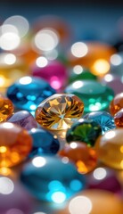 A close-up shot of faceted gemstones in various colors, with a warm orange gemstone in the center, creating a vibrant and sparkling display of light and color