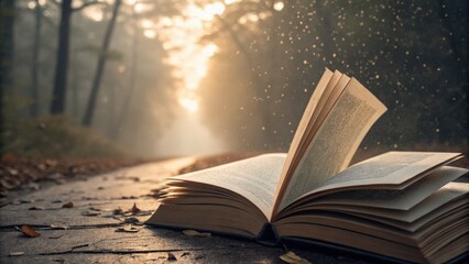 Enchanting scene of an open book in a misty forest serenity at dawn photography natural setting close-up view concept of imagination and exploration