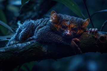 Obraz premium Rare nighttime glimpse of Common Spotted Cuscus nestled sturdy rainforest branch fur illuminated soft glow of moon delicate shadow adding depth rich contrast between subject dark green canopy