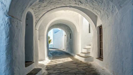 Fototapeta premium Tranquil white archway leading into an unknown passage santorini architectural photography sunlit aesthetic serene perspective mysterious journey