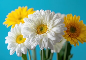 Fototapeta premium Bright Colorful Daisy Flowers Against a Vibrant Blue Background Showcasing Their Beautiful Petals and Lively Appearance in a Stunning Floral Arrangement