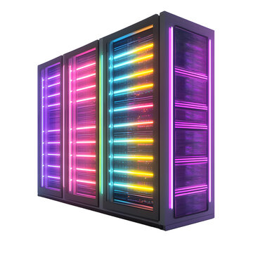 An empty computer server room illustration with 3D render racks against a blue wall