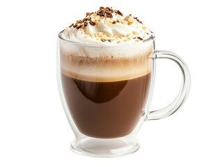 Isolated Glass Mug of Mocha Coffee Topped with Whipped Cream and Chocolate Crumbs