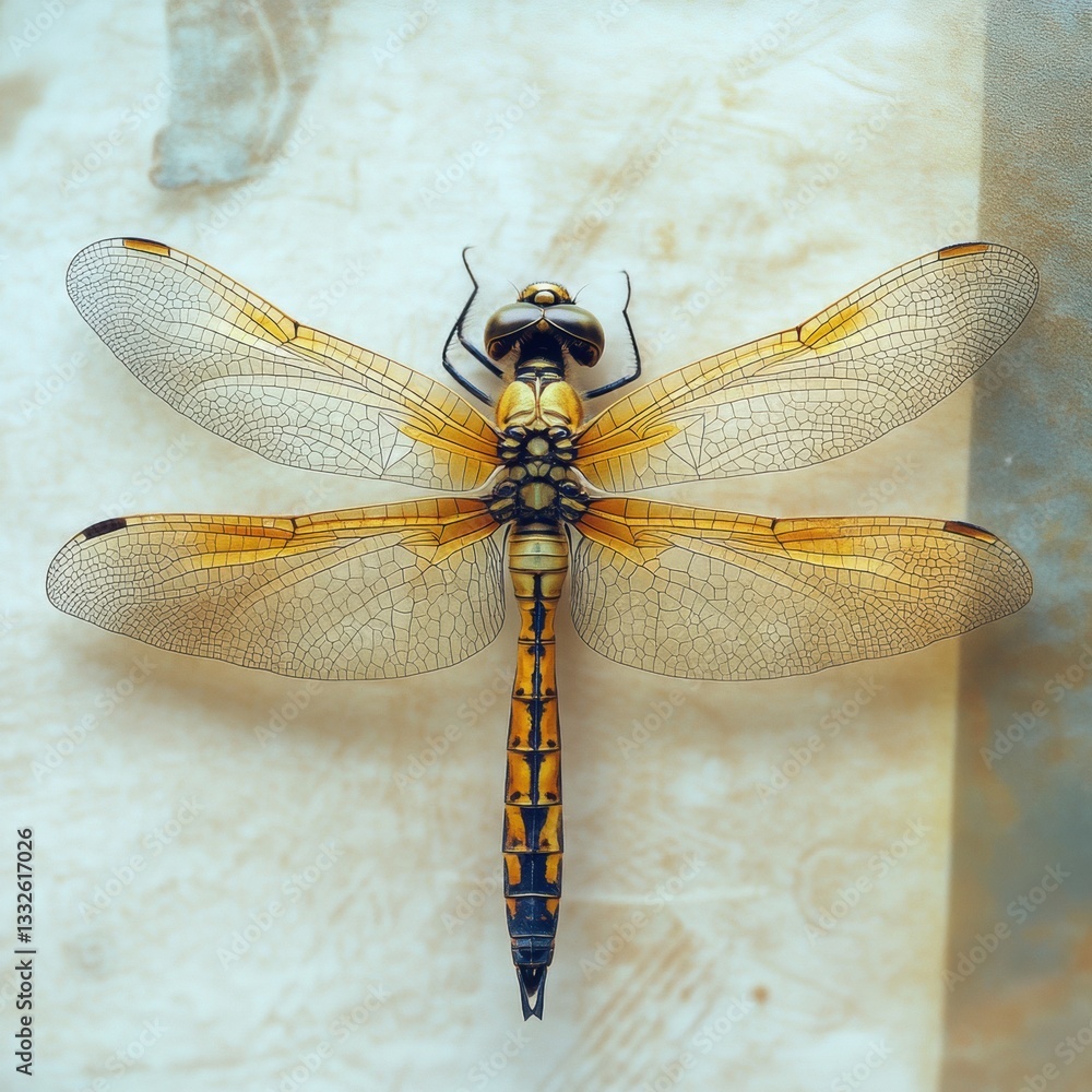Poster detailed view of a dragonfly showcasing vibrant wings and intricate patterns against a soft backgrou