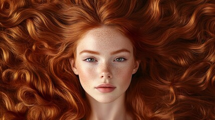 Fototapeta premium Beautiful Woman Portrait with Long Curly Red Hair Cascading Over a Minimal Luxurious Fabric Texture. Copy space. Generative AI