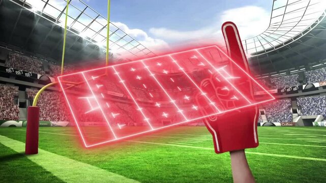 Foam finger and glowing scoreboard animation over football field in stadium