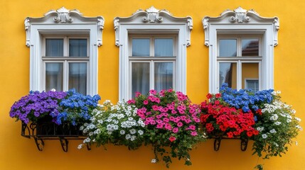 Ornate windows with colorful flower boxes