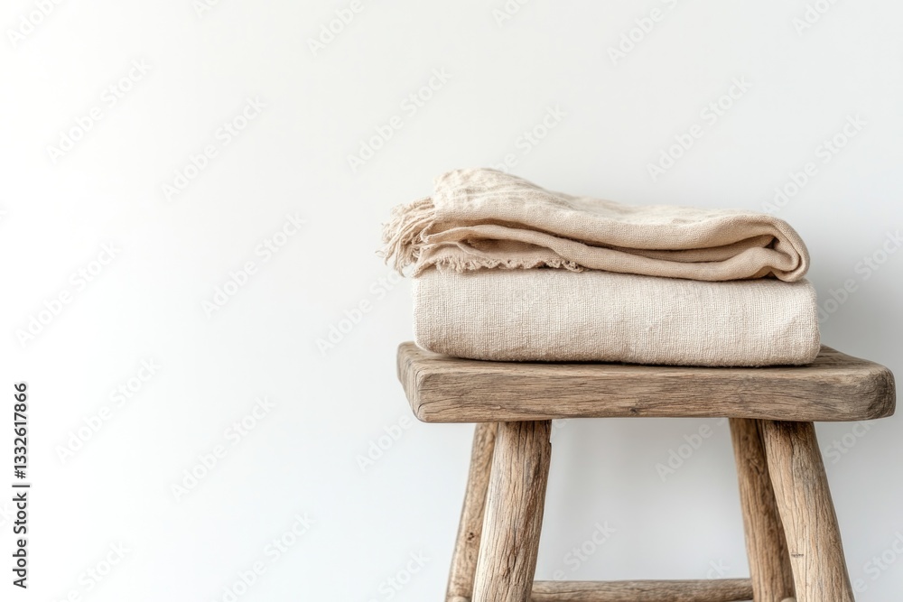 Aufkleber minimalist setup featuring neatly folded blankets on rustic wood