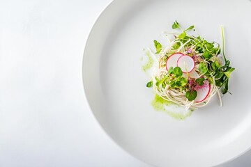 Delicate dish featuring fresh greens, radishes, and vibrant herb