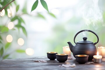 Elegant teapot with steaming cups surrounded by soft candlelight
