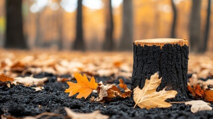 A burnt tree stump with fallen autumn leaves, surrounded by charred earth in a forest.