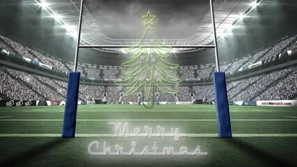 Christmas animation with tree and Merry Christmas text in rugby stadium scene