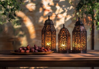  Ornate Lanterns and Dates on a Wooden Table