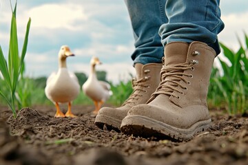 Muddy boots on a farm, with two ducks in the background, near green plants in the field.