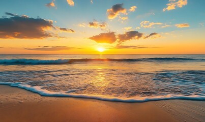 Fototapeta premium golden sunset over the ocean with gentle waves washing ashore on a sandy beach creating a serene and picturesque coastal scene