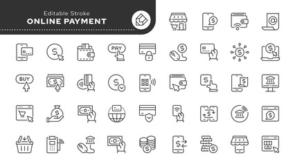 Online payment line icon set. Pay, bank credit card, cash, payment method, money transfer, buy, wallet, electronic check and more. Outline vector icons. Pictogram collection.