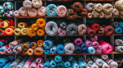 Colorful Yarn Display in Craft Store with Various Textures and Shades for Knitting and Crochet Enthusiasts
