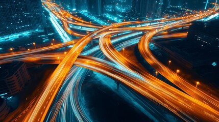 Dynamic light trails on urban road, vibrant orange and blue colors intertwining, representing motion and energy, ideal for tech themes.