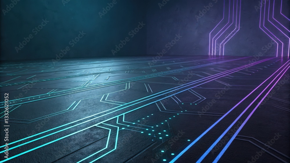 Poster futuristic abstract background featuring neon circuit lines digital environment graphic design techn