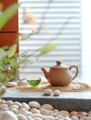 Serene tea set surrounded by smooth stones creates tranquil ambi