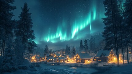 A picturesque Scandinavian village is softly illuminated by warm lights as vibrant northern lights dance across the night sky, casting a magical glow over the winter landscape