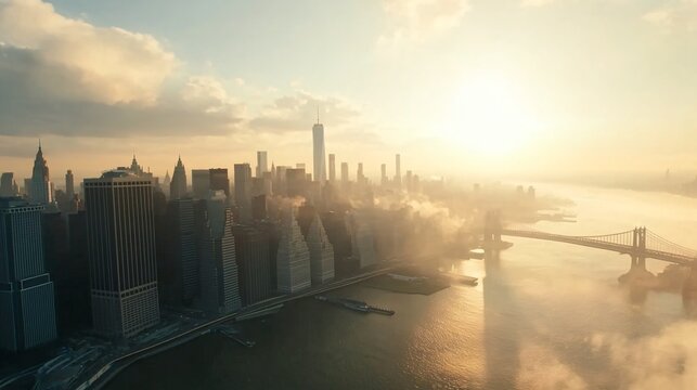 Serene skyline view, foggy morning over cityscape with towering structures, sunrise reflecting on water, perfect for inspirational quotes.