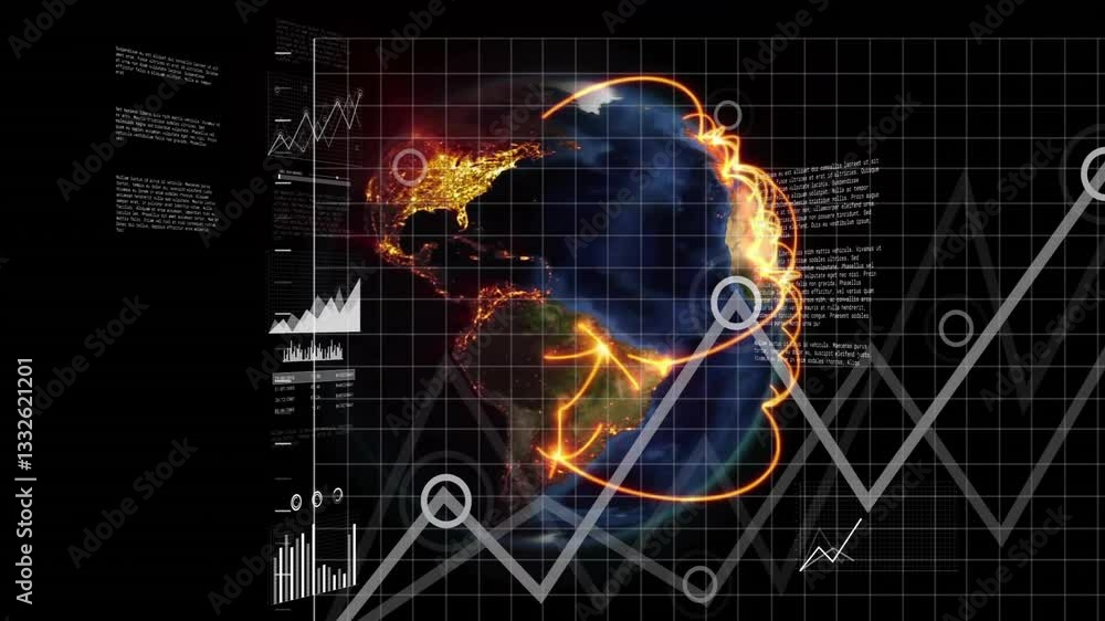Aufkleber animation of data lines encircling earth with graphs and charts in school