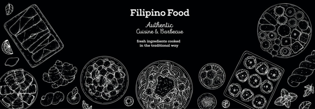 Filipino food top view vector illustration. Food menu design template. Hand drawn sketch. Filipino food menu. Vintage style.