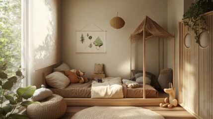 Create a nature-inspired kids room home interior design earthy tones child's perspective cozy and imaginative concept