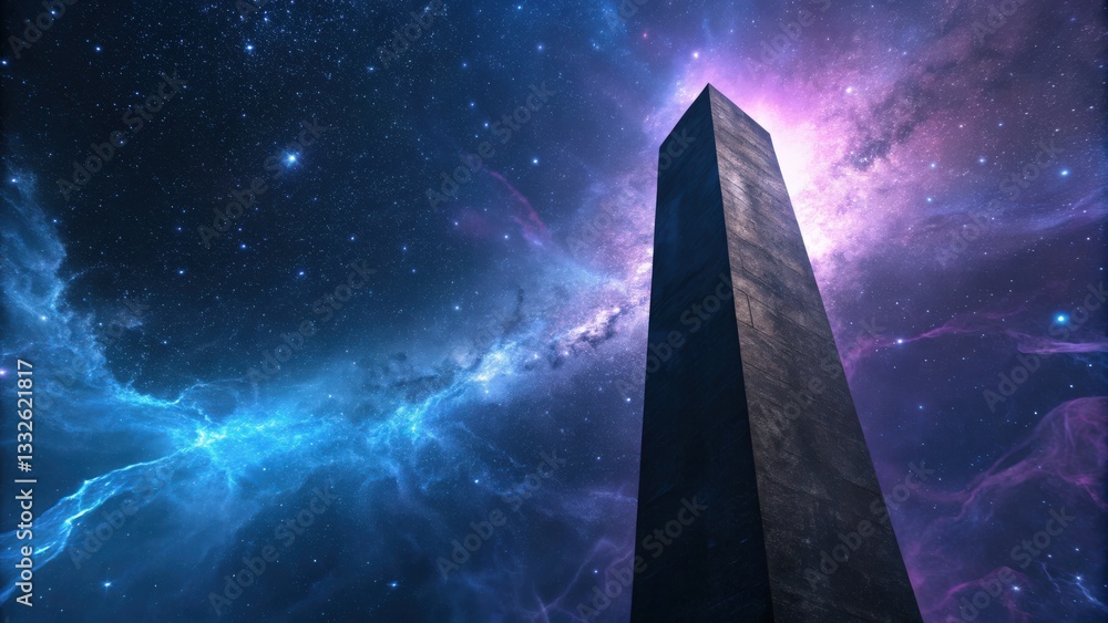 Poster mysterious floating dark obelisk in deep space cosmic exploration digital art nebula background low 