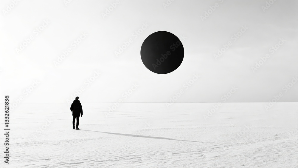 Poster surreal encounter with a floating black sphere vast snowy landscape fine art photography minimalist 