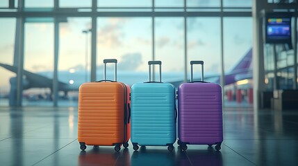 Colorful Suitcases at Airport Terminal, Four colorful suitcases lined up at an airport terminal with airplanes in the background