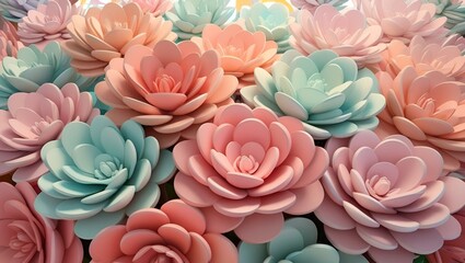 Clustered 3D flowers in a pop art style with pastel color, soft tone.